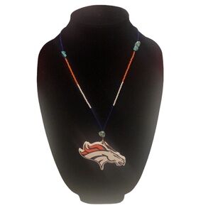 Turquoise orange & blue beaded broncos head necklace